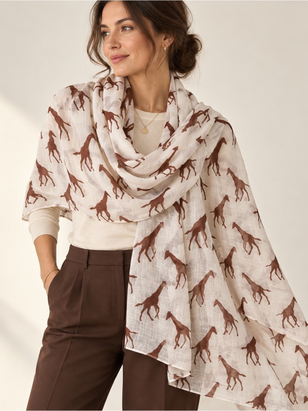 Giraffe Print Oversized Statement Scarf Wrap Brown Ivory Soft Silky Viscose OSFA